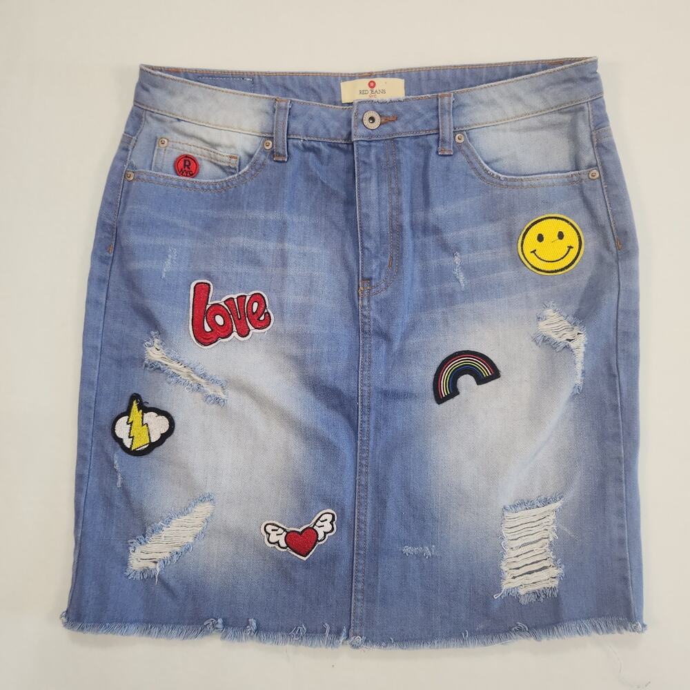 Womens  Blue Jean Skirt XL Patch Red Jeans NYC
